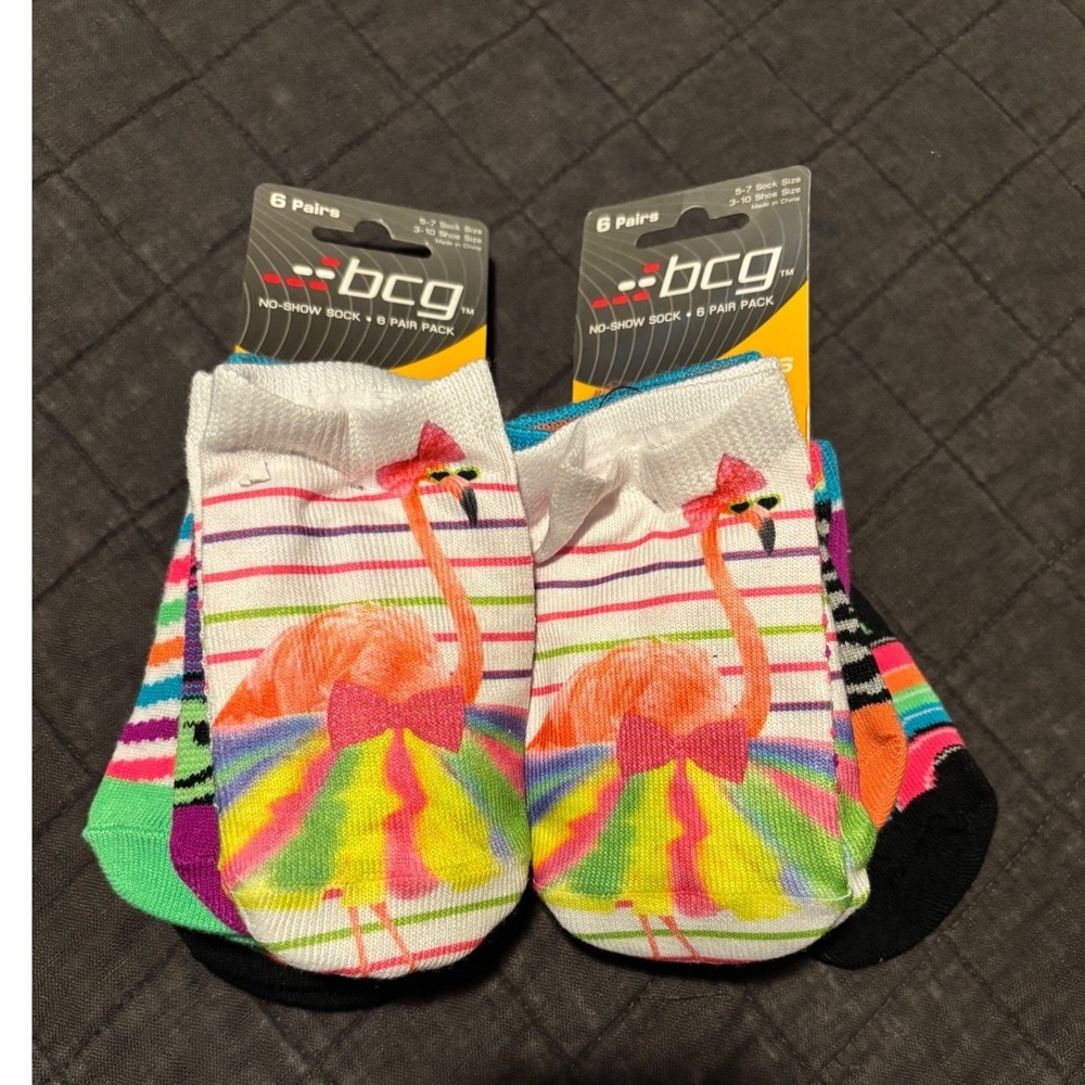 BCG Girls No Show Socks 12 Pair Pack Flamingo Rainbow Stars Size 5-7 Shoe 3-10